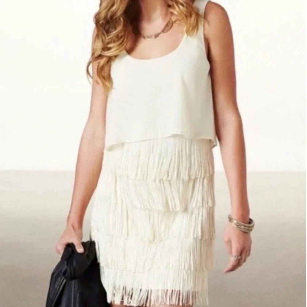 American Eagle Mini Fringe Sleeveless Cream Dress size 10